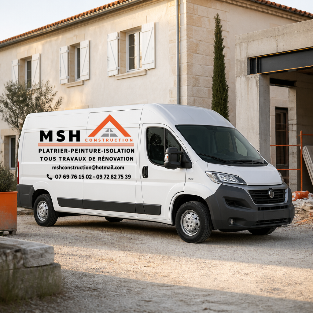 Véhicule MSH Construction devant un chantier